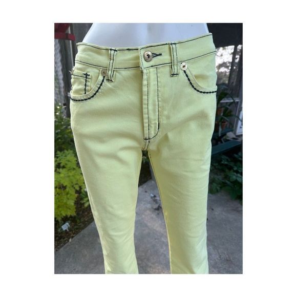 Y2K Diane Gilman DG2 Yellow Stretch Denim Jeans Black Contrast Stitch High Waist - Picture 3 of 9
